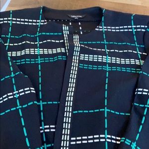 Misook black cardigan/jacket w/green & white
